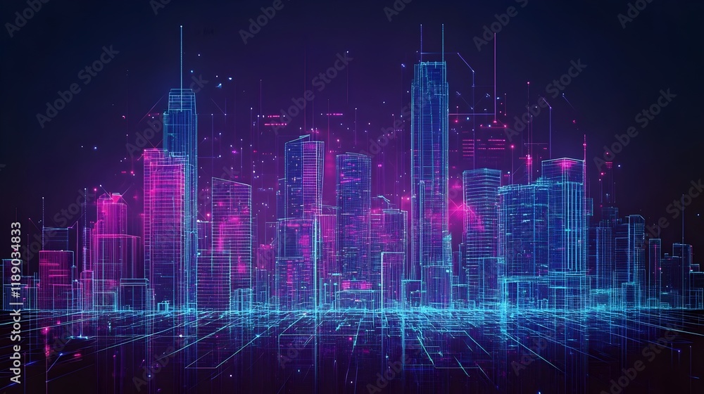 Futuristic cityscape on a dark background.A glowing wireframe modern cityscape at night. futuristic urban planning, smart cities, or digital city models. integration of nature with modern architecture Futuristic cityscape on a dark background.A glowing wireframe modern cityscape at night. futuristic urban planning, smart cities, or digital city models. integration of nature with modern architecture