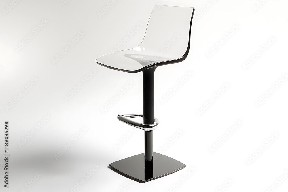 Contemporary high bar stool with a clear acrylic seat and sleek black base, on white Contemporary high bar stool with a clear acrylic seat and sleek black base, on white