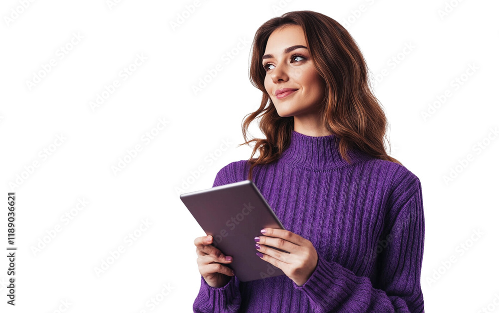 Confident woman in a purple sweater holding a tablet vertically, standing with a focused look white background Confident woman in a purple sweater holding a tablet vertically, standing with a focused look white background