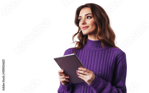 Confident woman in a purple sweater holding a tablet vertically, standing with a focused look white background photo