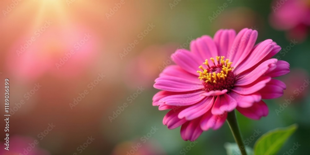 Obraz premium A vibrant pink flower blossoms in soft sunlight, delicate petals unfurling in a tranquil garden setting.