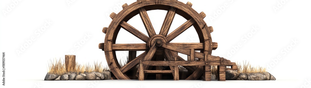 Wooden water wheel on isolated white background, showcasing traditional craftsmanship. Wooden water wheel on isolated white background, showcasing traditional craftsmanship.