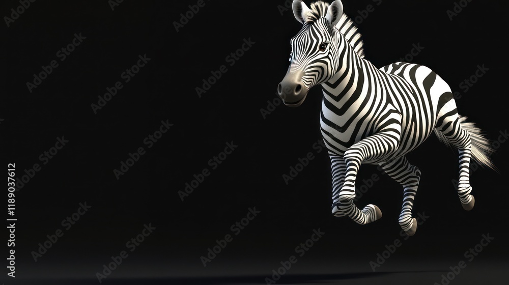 Naklejka premium A zebra in mid-stride against a black background.