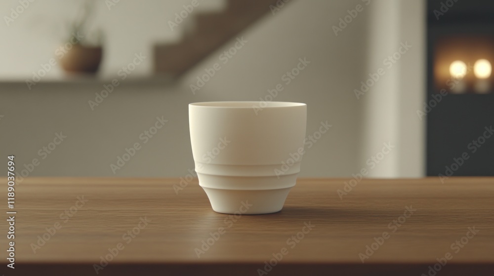 White ceramic tumbler on wooden table. White ceramic tumbler on wooden table.