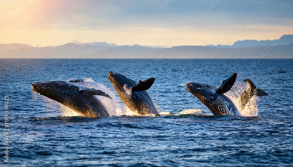 Fototapeta premium Majestic Humpback Whales Breaching Ocean Sunset