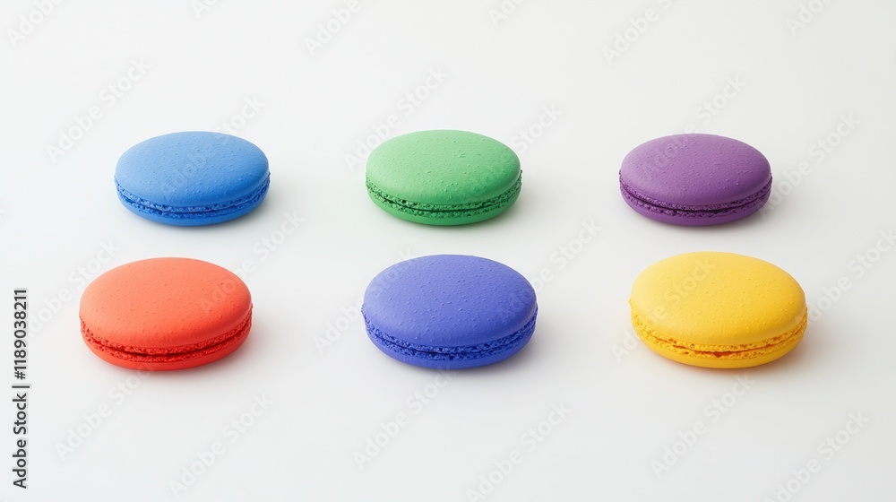Obraz premium Six colorful macarons arranged on a white background.