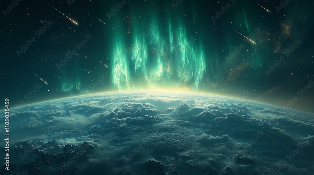 Naklejka premium Illustration - Green Aurora Borealis, Stars, Mountains, Clouds, and Planet