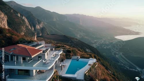 Luxury private villa aerial view on top of a mountain. A natural landscape with a building on a hill with a swimming pool