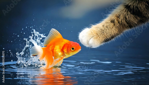 Stunning close-up of a vibrant goldfish leaping from water, juxtaposed with a curious cat's paw.  Perfect for nature, pet, or wildlife themes; ideal for websites, blogs, or print. photo