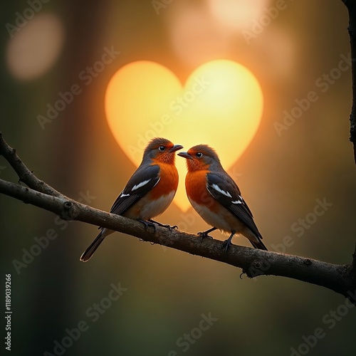 Pair of birds perched on tree branch, sunlight forming glowing heart