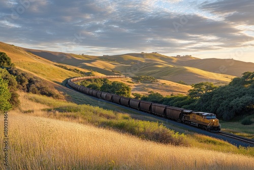 A train is moving along the tracks, with many cargo cars behind it and a hill in front of them.