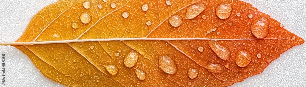 Fototapeta premium Detailed close-up of a vibrant orange leaf with water droplets on a textured background