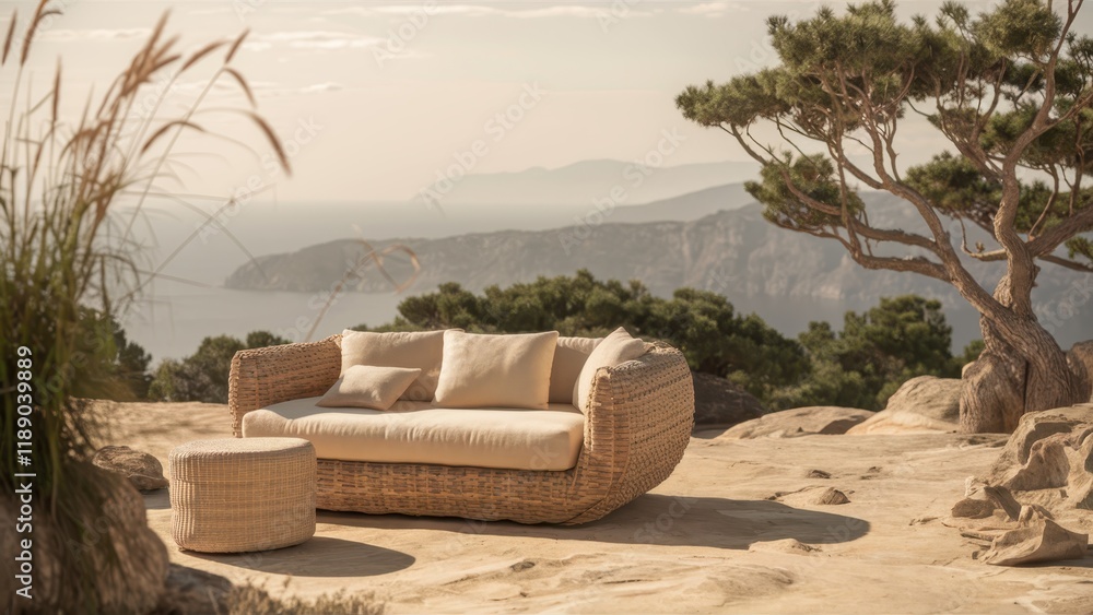 Naklejka premium Outdoor luxury sofa, Mediterranean coastal view, rocky terrain, pine tree, warm sunset light, textured canvas, serene atmosphere, earth tones, minimalist design, natural materials, rustic elegance, pa