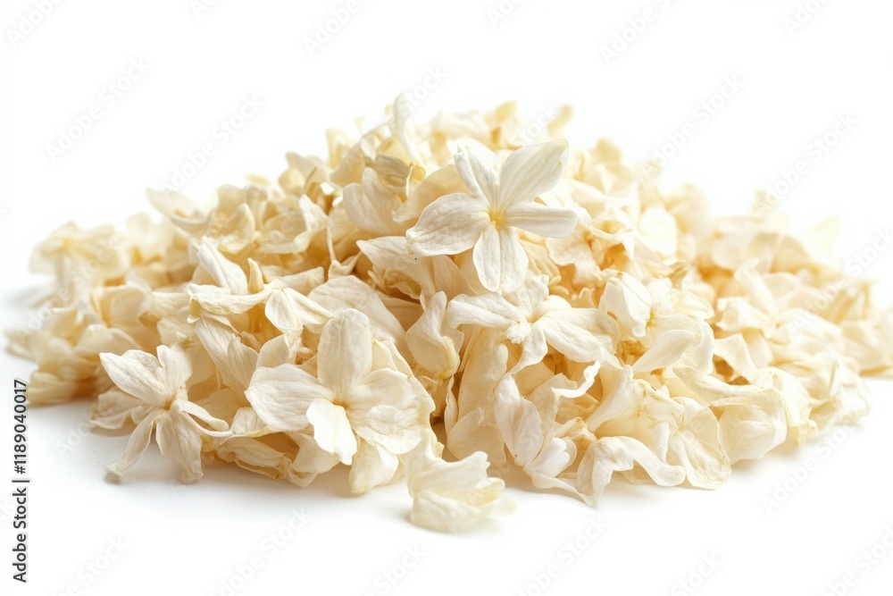 pile of dried jasmine flowers on a white background pile of dried jasmine flowers on a white background