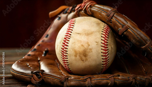 Vintage baseball and worn leather glove on rustic wood.  Perfect for sports, nostalgia, or Americana themes. Evokes a sense of history and classic game. Ideal for websites, blogs, or print media. photo