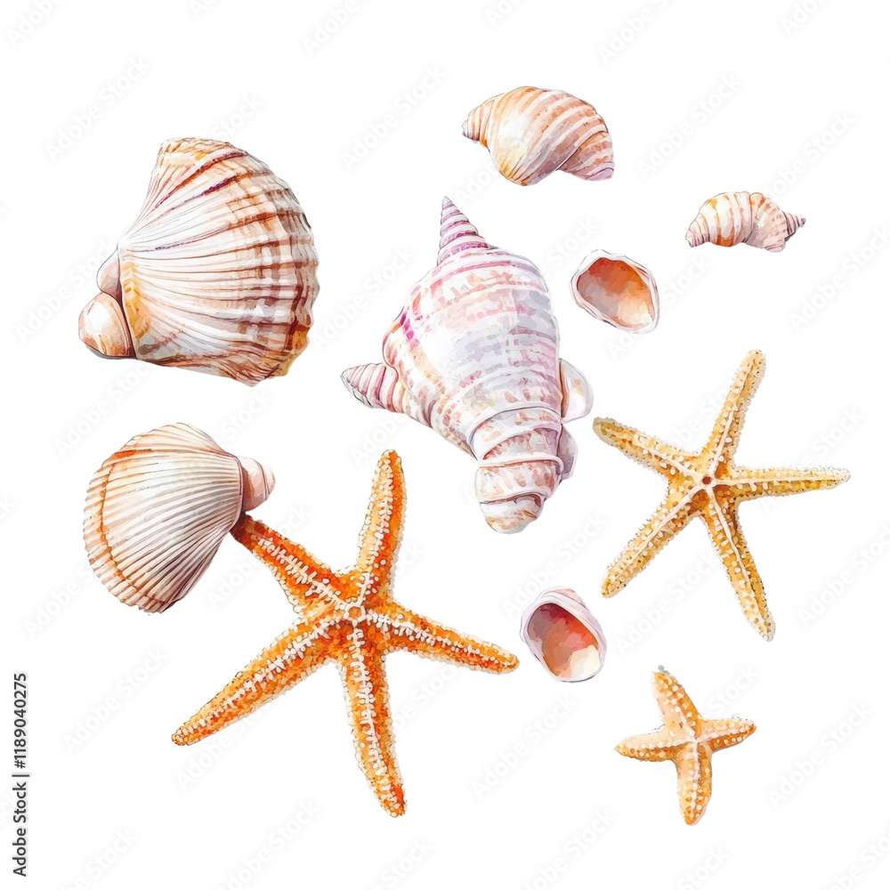 Colorful Seashells and Starfish Collection on a White Background Colorful Seashells and Starfish Collection on a White Background