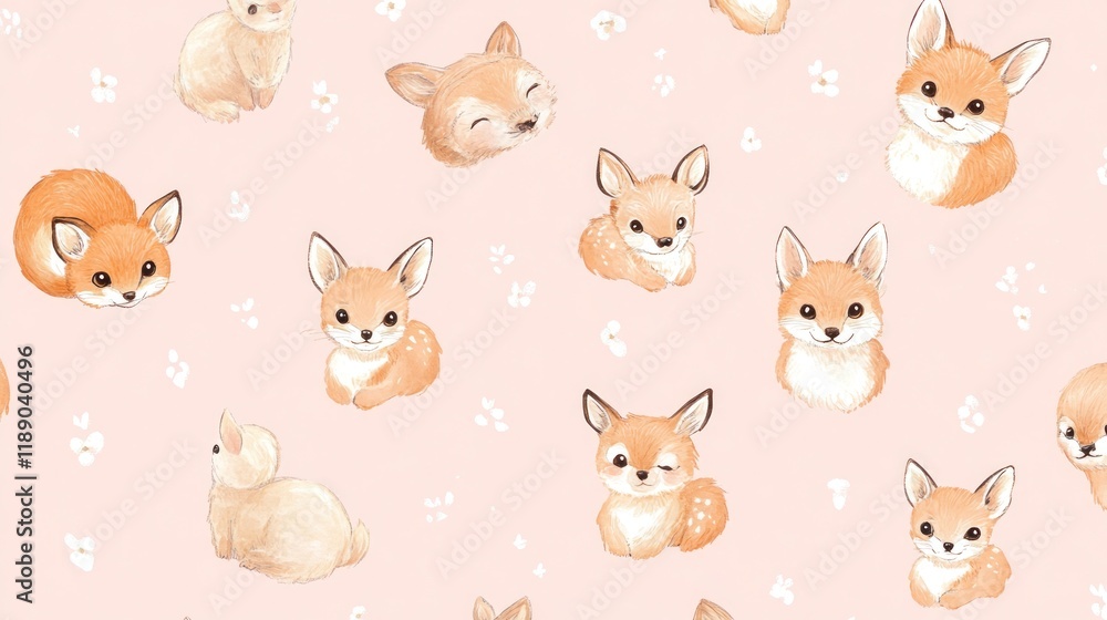 Adorable fox and deer seamless pattern on pink background with flowers. Adorable fox and deer seamless pattern on pink background with flowers.