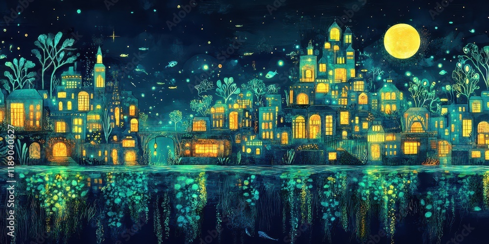 Fototapeta premium Enchanting Night Cityscape Reflected In Water