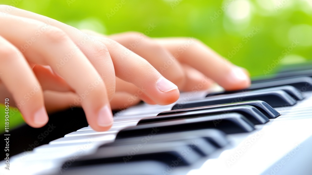 Obraz premium Close-up of child's hands playing piano outdoors.