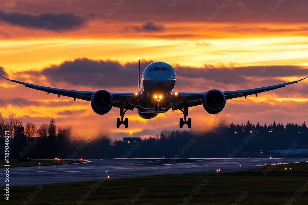 Fototapeta premium Boeing 787 Dreamliner Landing at Sunset