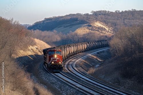 A train is moving along the tracks, with many cargo cars behind it and a hill in front of them.
