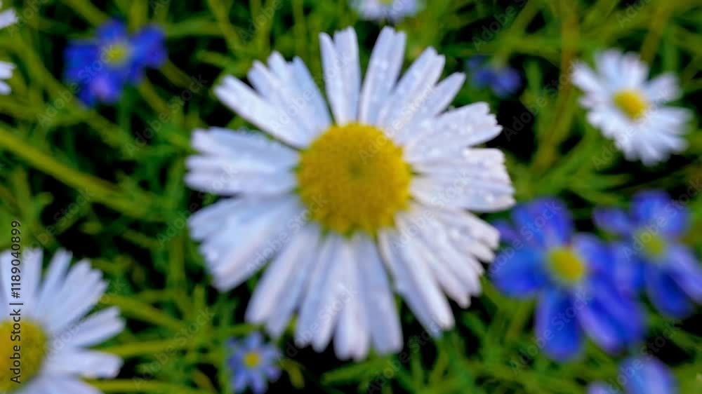 Beautiful field meadow flowers chamomile, blue wild peas in morning against blue sky with clouds Beautiful field meadow flowers chamomile, blue wild peas in morning against blue sky with clouds