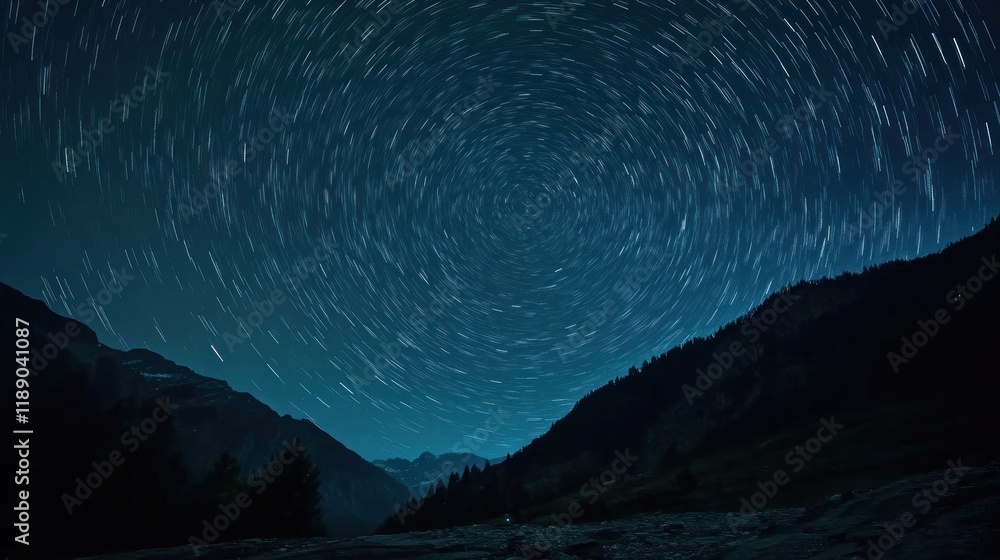 Fototapeta premium Mesmerizing Star Trails over Majestic Mountain Peaks A Nighttime Landscape Photography