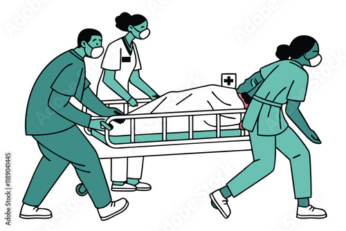 Medical team in a hospital navigating a chaotic situation during patient care ,white background D.eps