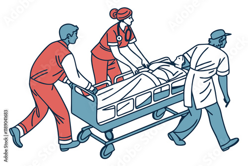 Medical team in a hospital navigating a chaotic situation during patient care ,white background E.eps
