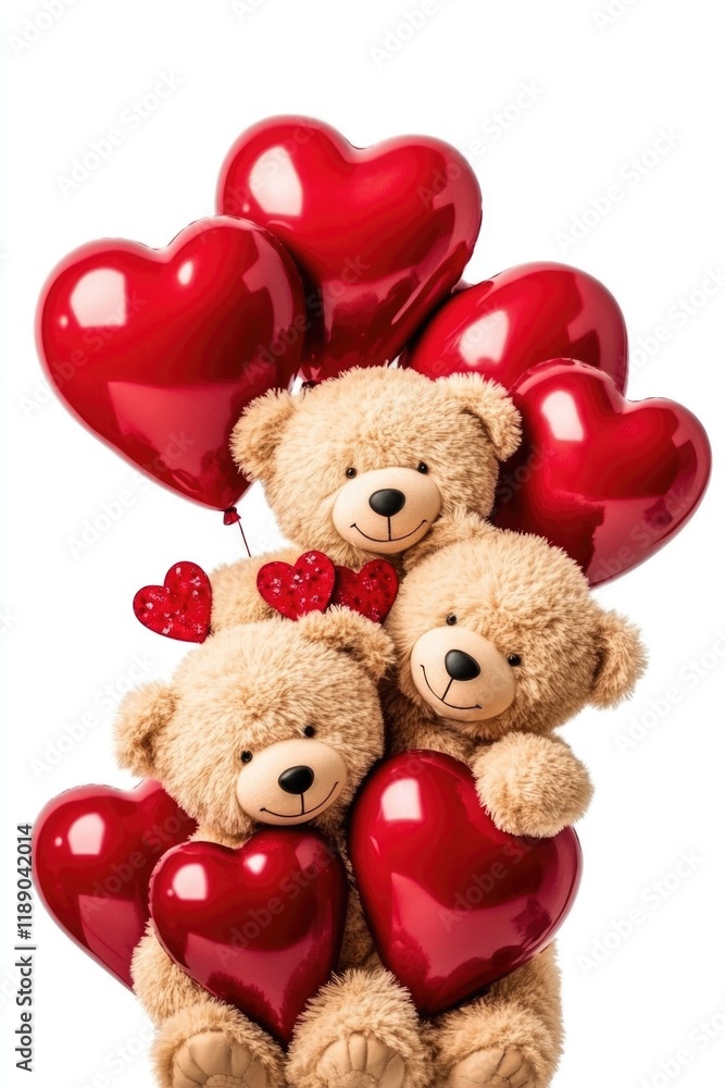Obraz premium Three adorable teddy bears hold heart-shaped balloons, symbolizing love and affection on Valentine's Day. This charming display conveys warmth and caring sentiments
