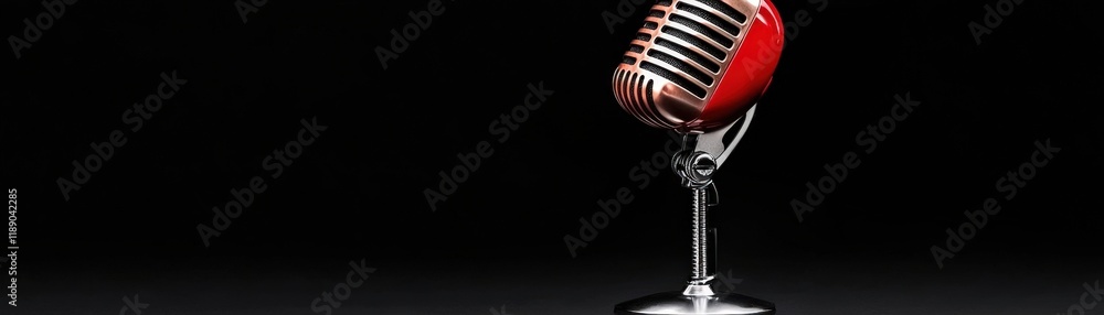 Fototapeta premium Vintage Red Microphone on Black Background for Music, Performance, or Podcasting Use