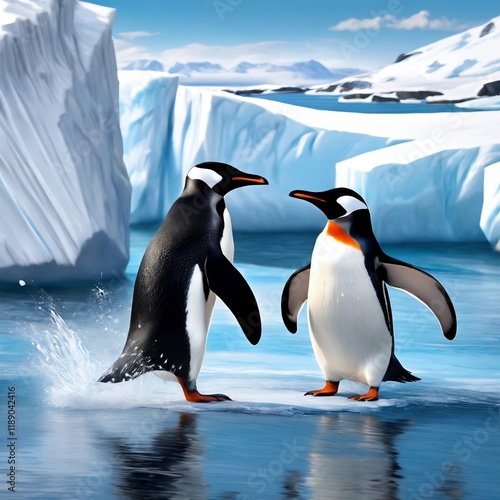 Pair of gentoo penguins in wild nature