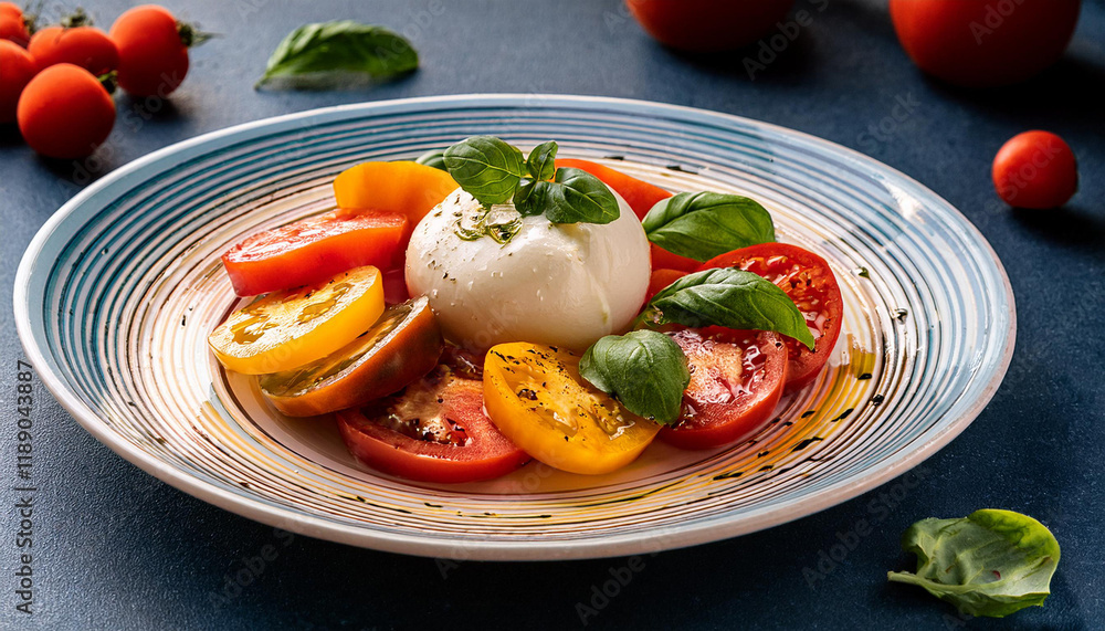 caprese salad with heirloom tomatoes on plate food rotation caprese salad with heirloom tomatoes on plate food rotation