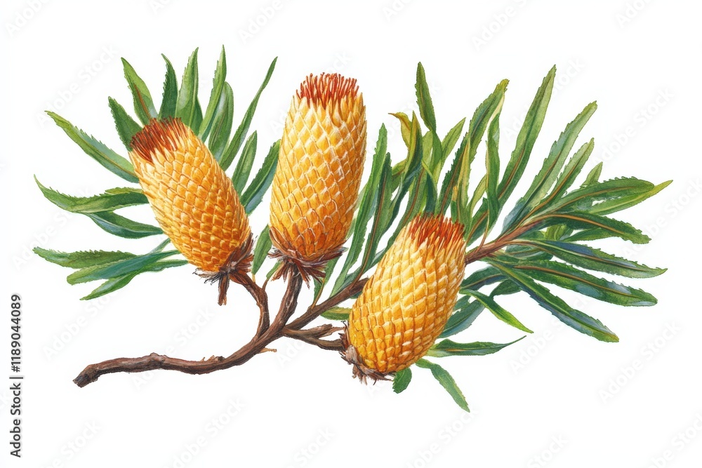 three orange banksia flowers on a branch with green leaves three orange banksia flowers on a branch with green leaves