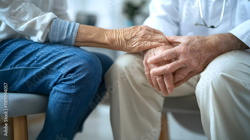 Parkinson's disease patient receiving care from a geriatric doctor for joint pain or mental health support