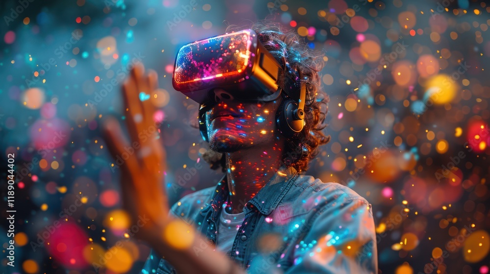 Person wearing VR headset, immersed in colorful digital world, hands outstretched. Person wearing VR headset, immersed in colorful digital world, hands outstretched.