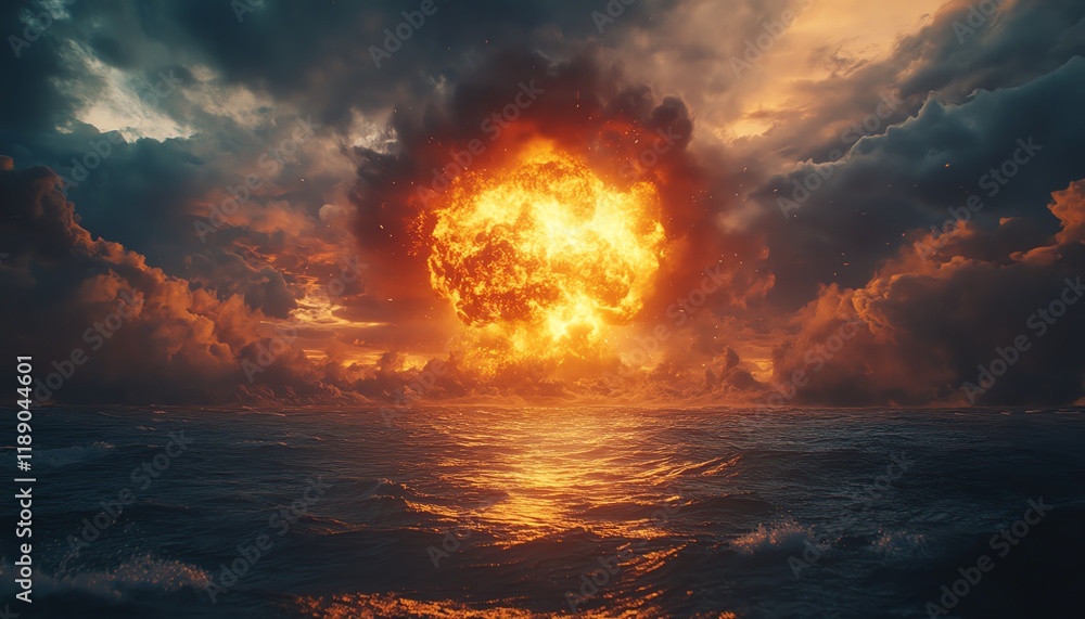 A catastrophic nuclear explosion in the ocean, bright fiery mushroom cloud, intense shockwaves hitting the water surface, dark stormy sky, with radioactive fallout spreading A catastrophic nuclear explosion in the ocean, bright fiery mushroom cloud, intense shockwaves hitting the water surface, dark stormy sky, with radioactive fallout spreading
