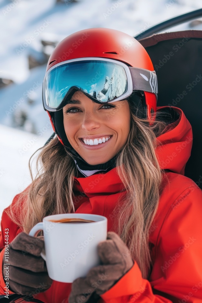 Portrait of skier holding a cup of tea in ski resort in winter season. Portrait of skier holding a cup of tea in ski resort in winter season.
