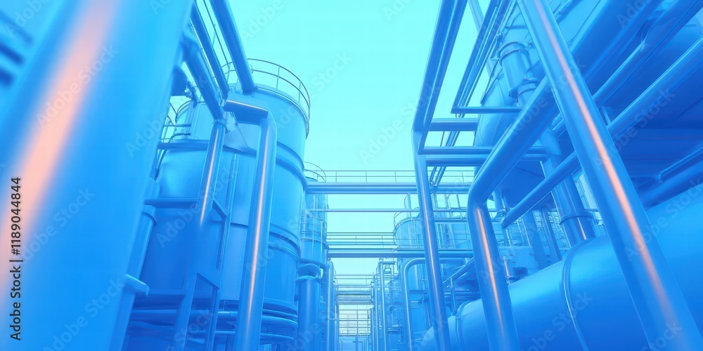 Obraz premium A blue-toned industrial scene featuring large pipes and tanks, creating a futuristic atmosphere in a manufacturing or processing environment.
