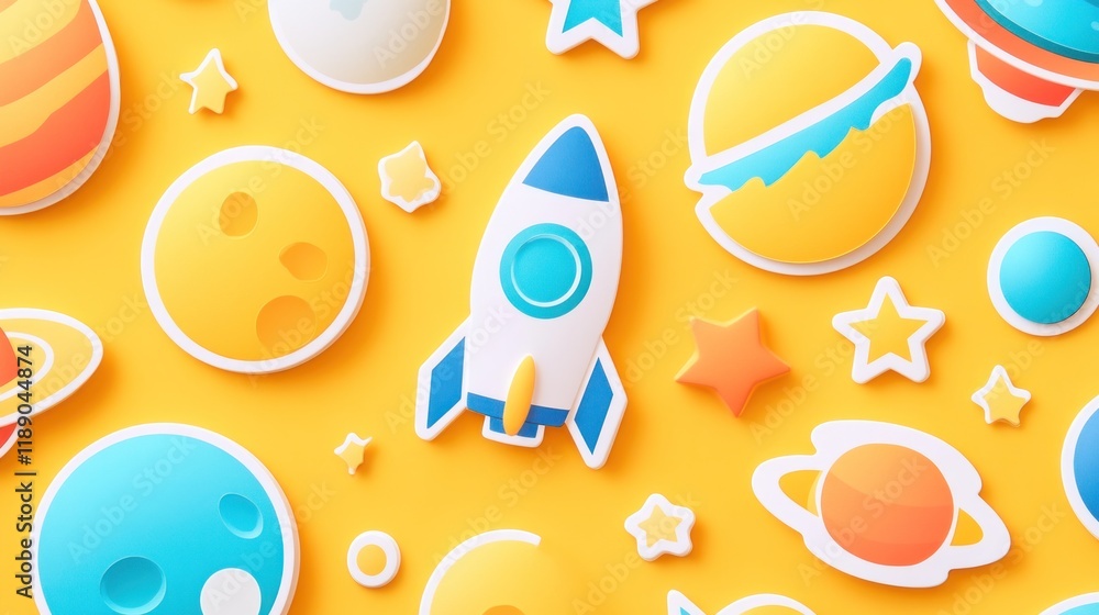 Colorful paper cut-out rocket, planets, stars on yellow background. Colorful paper cut-out rocket, planets, stars on yellow background.