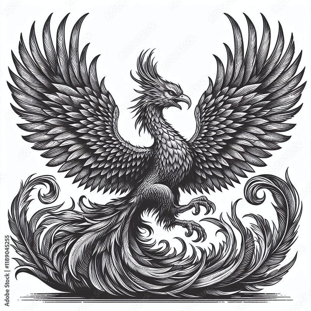 Fototapeta premium Majestic mythical phoenix bird with elaborate feathers, strong talons, and powerful wings in retro engraving style sketch. Scratch board. Black and white image. Generative AI.
