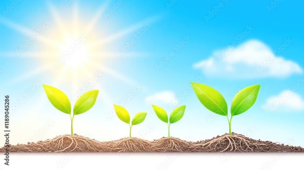 Three growing seedlings in soil under bright sun. Three growing seedlings in soil under bright sun.