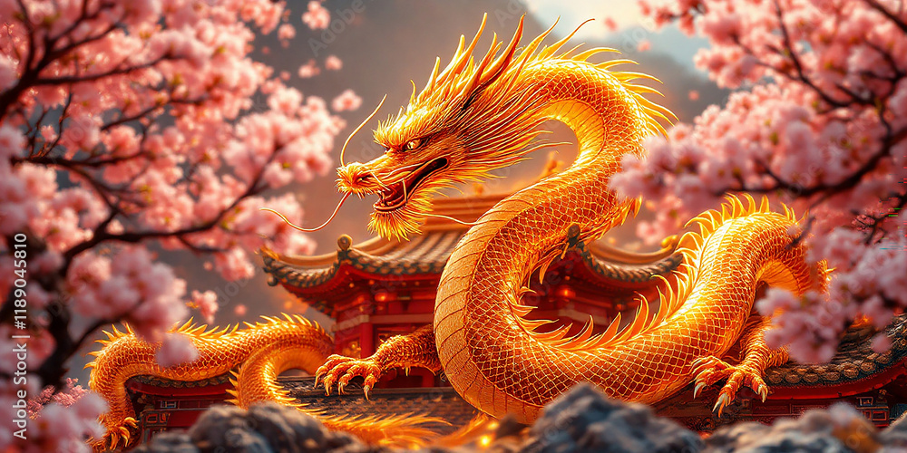 Fototapeta premium Golden Dragon Majestically Perched Amidst Blooming Cherry Blossoms