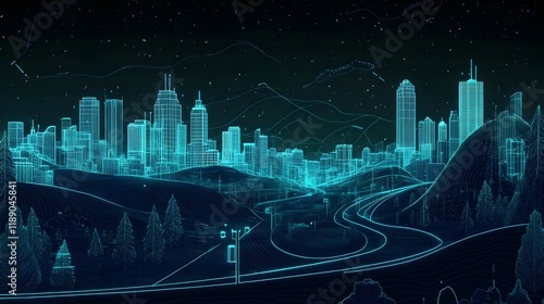 Futuristic cityscape on a dark background.A glowing wireframe modern cityscape at night. futuristic urban planning, smart cities, or digital city models. integration of nature with modern architecture #1189045841