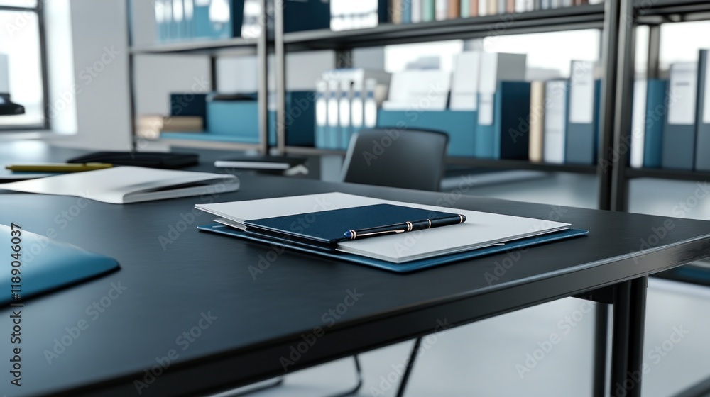 Fototapeta premium Modern office desk with documents, pen, and folders.