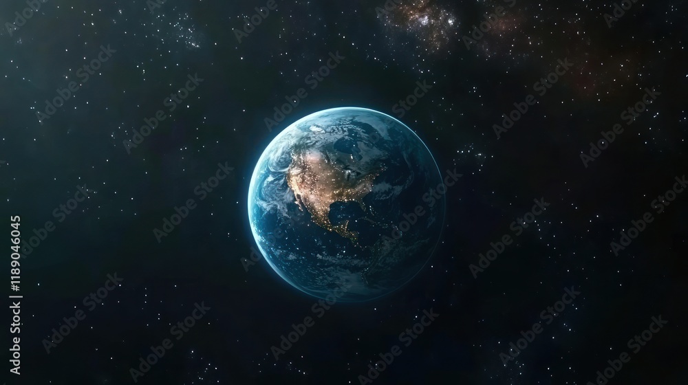 Earth from space, showing North and Central America, at night with city lights visible. Earth from space, showing North and Central America, at night with city lights visible.