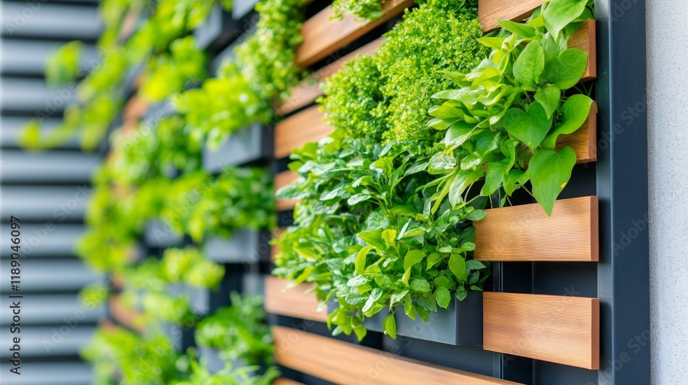 A vertical garden featuring various lush green herbs and plants arranged on wooden panels. A vertical garden featuring various lush green herbs and plants arranged on wooden panels.