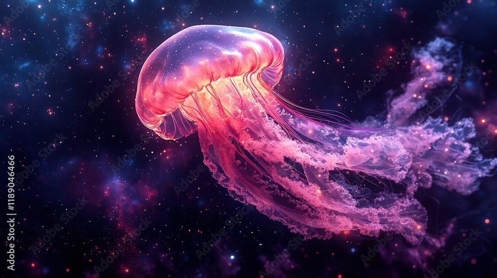 Fototapeta premium Pink jellyfish floats in a cosmic nebula, glowing tentacles, vibrant colors, starry background.