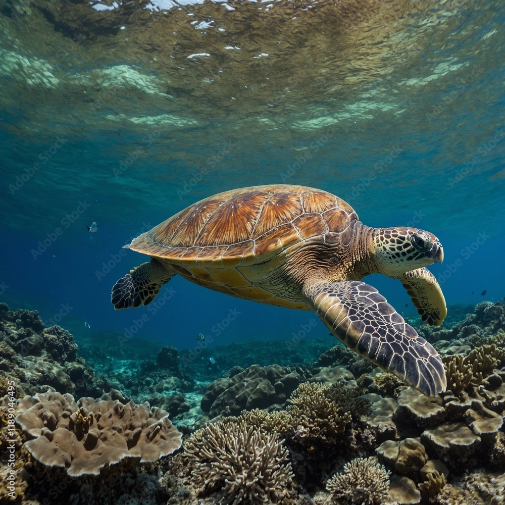 Obraz premium A Green sea turtle, Chelonia mydas, swims over a coral reef in Komodo National Park, Indonesia. This beautiful reptile is an endangered species.
