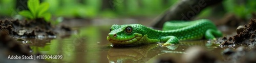 Slithery green creature crawling through a muddy swamp, slimy, forest, mud photo